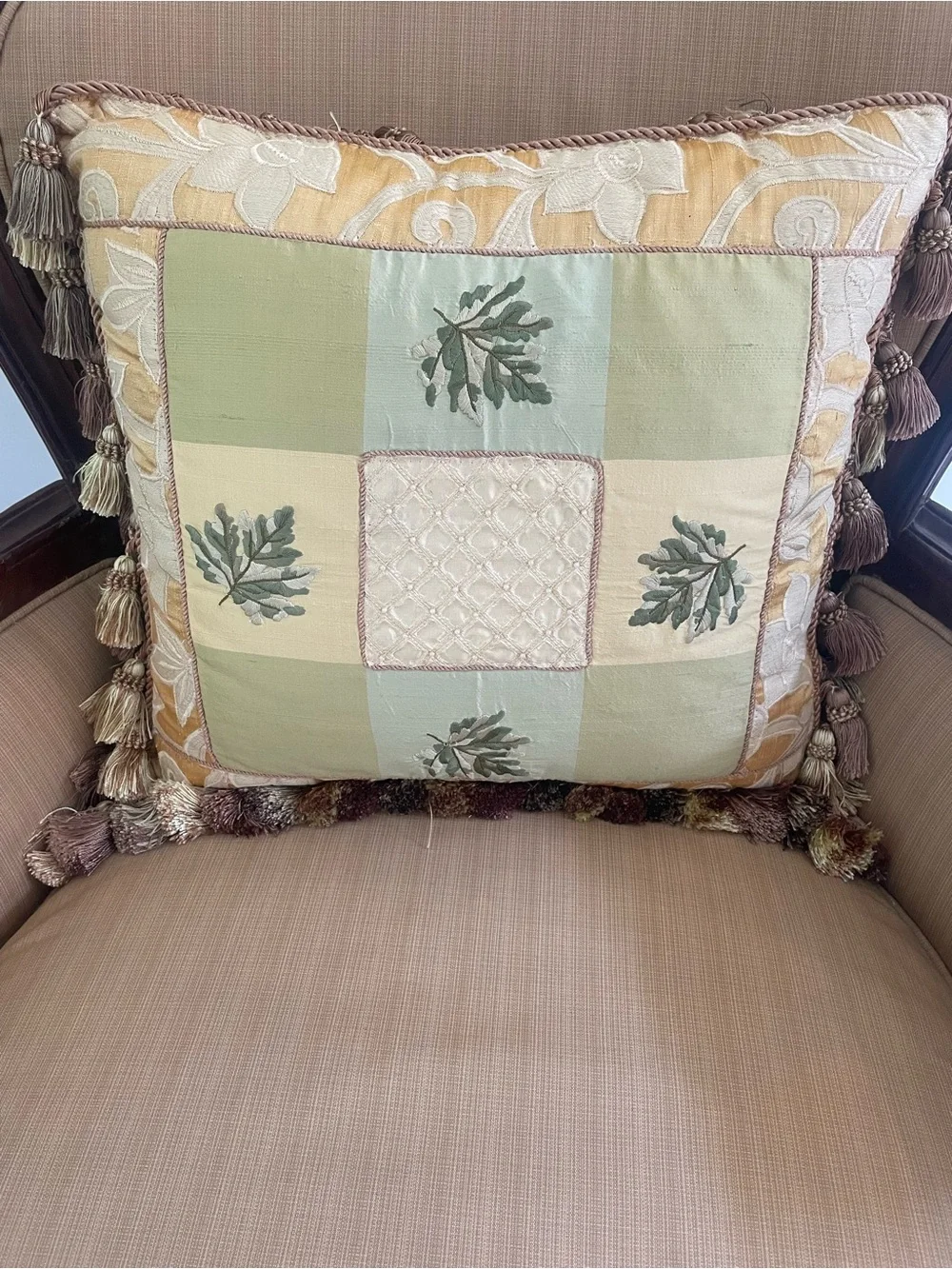 15” square  Green and Gold Embroidered Throw Pillow with tassels trim, zipper